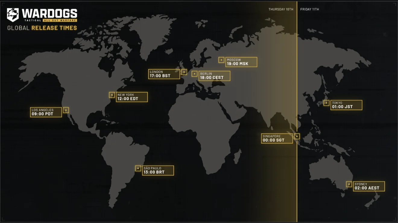 The official WARDOGS GLOBAL RELEASE TIMES map, marking Los Angeles 09:00 PDT, New York 12:00 EDT, São Paulo 13:00 BRT, London 17:00 BST, Berlin 18:00 CEST, Moscow 19:00 MSK, Singapore 00:00 SGT, Tokyo 01:00 JST and Sydney 02:00 AEST, split by a line labelled Thursday 10th and Friday 11th.