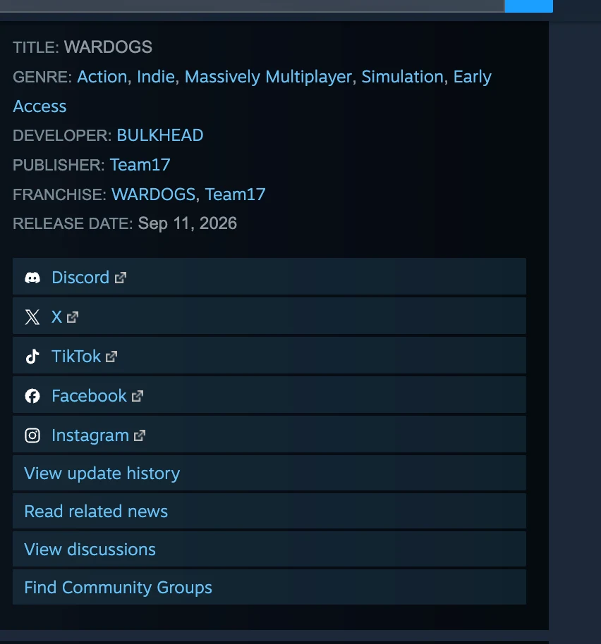 The WARDOGS Steam store page sidebar, showing title, genre, developer BULKHEAD, publisher Team17, and a channel row listing Discord, X, TikTok, Facebook and Instagram.