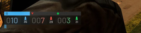 In-game scoreboard showing three teams — 010 in blue, 007 in red and 003 in green — each with a coloured bar, marker and player count