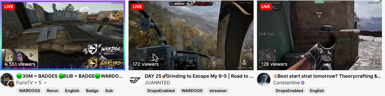 The Twitch WARDOGS category on 10 September 2026, showing live streams, two of them carrying a DropsEnabled tag, and one stream overlay reading WARDOG watch 30m and WARLORD 1 sub.