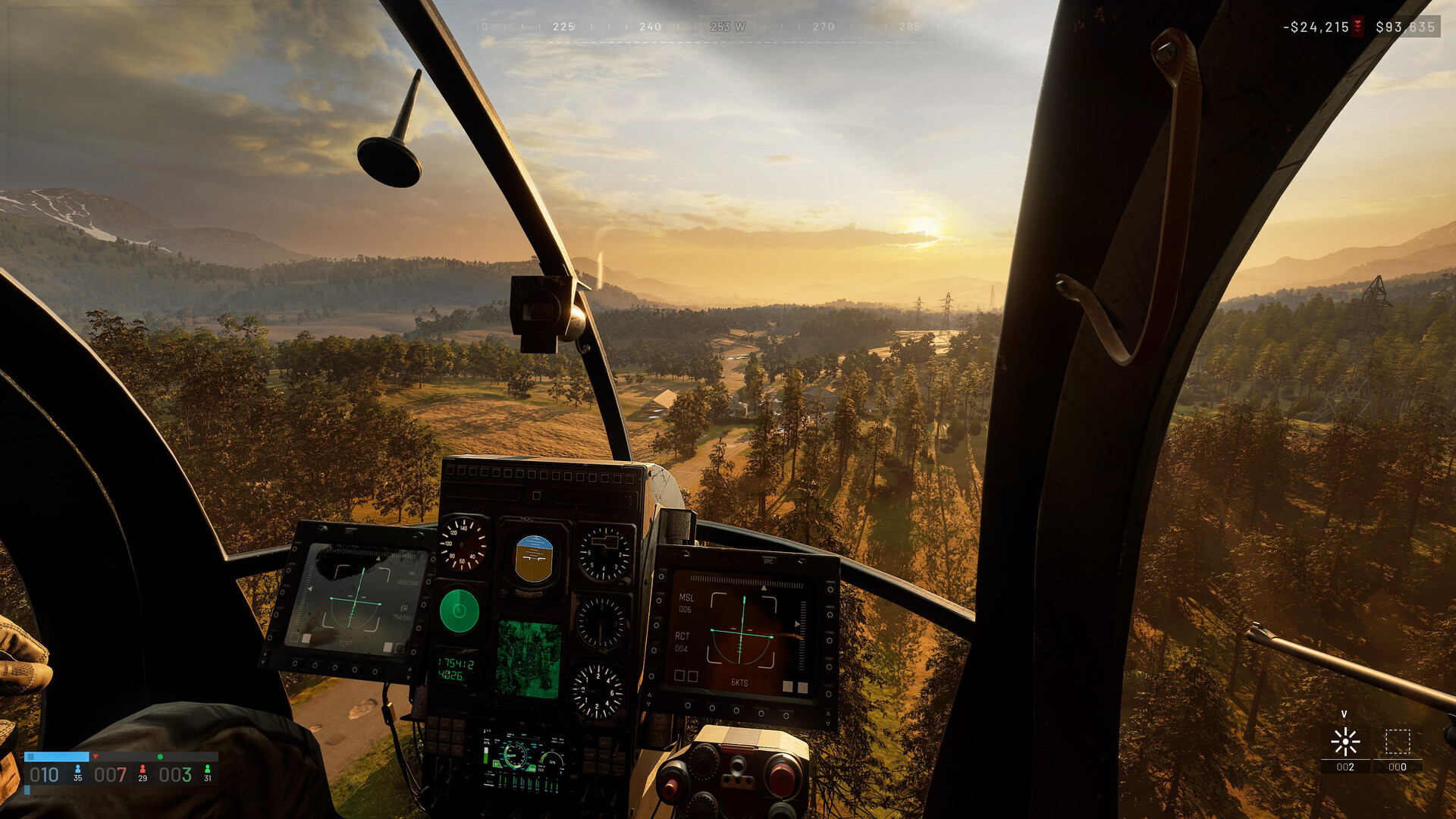 Helicopter cockpit above wooded hills at sunset, with three team scores at bottom left, a compass above, and cash figures at top right.